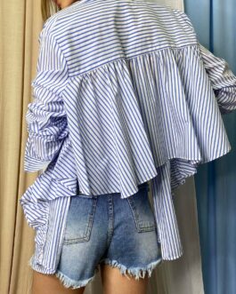 STRIPE REVERSE HIGH-LOW BUTTON FRONT TOP